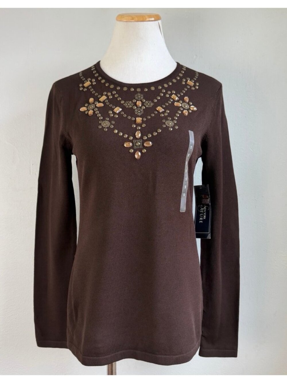 Jones New York Top Size Small NWT Beaded Knit Shirt Brown Bronze Tone Embellish